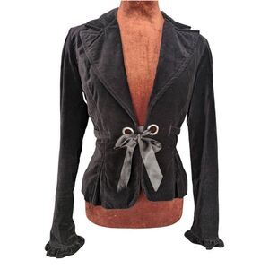 DKNY black cotton velvet frilly blazer size  S slim fit ribbon tie